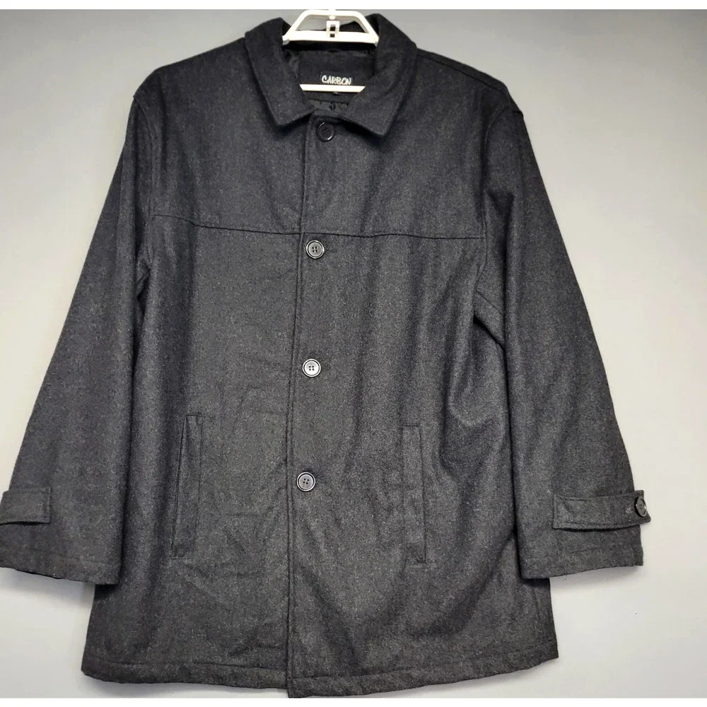 Carbon Coat Mens XL Charcoal Gray Wool Blend Car Coat Button Front Lined Pockets